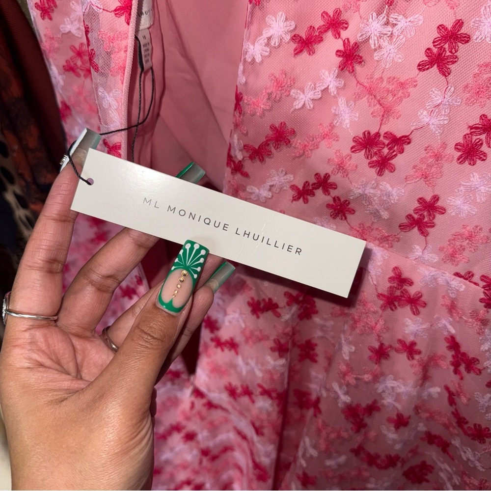 ML Monique Lhuillier Gathered Embroidered Tulle Mini Dress Pink Floral Fit Flare - Picture 13 of 15